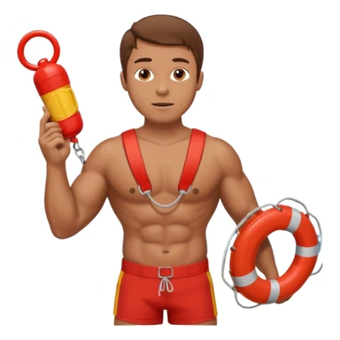 Muscular lifeguard man on beach with rescue buoy and whistle brown hair sticker