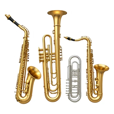 Create a professional and elegant emoji collage symbolizing wind instruments, using a combination of copper, white metal, and black wood. The design should feature iconic instruments like a trumpet, saxophone, tube, oboe, and horn. Each instrument should be represented with its key elements clearly visible.
Each instrument should be designed with realistic textures, including the gleam of metal and the deep, rich tone of black wood. Arrange the instruments in a balanced and harmonious way, making sure the elements are easily recognizable. Use metallic gold, silver, and copper tones with black wood accents. The background should be transparent to highlight the instruments. sticker