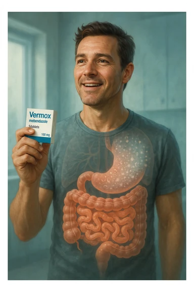 A realistic, cinematic illustration of a man in his late 30s holding a small white box of ‘Vermox’ (mebendazole) in one hand, with a relieved and hopeful expression on his face. Behind him, a semi-transparent overlay shows his digestive tract where small, symbolic worm-like parasites are dissolving and disappearing, indicating the medication’s effect. The environment is clean and bright, with a medical yet hopeful tone, conveying the concept of effective parasite removal. Subtle blue and green tones symbolize cleansing and health restoration, while the man appears energized and ready to reclaim his well-being sticker