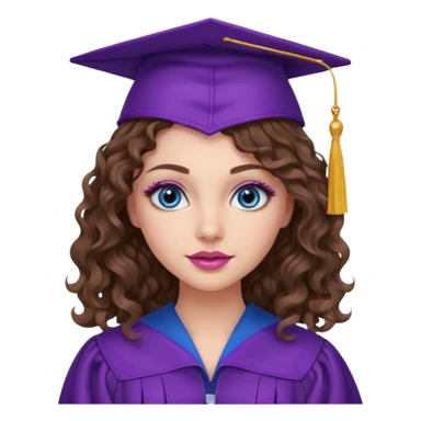 girl with curly and long wavy brown hair, blue eyes, long lashes makeup, sexy pink lips, wearing a purple graduation cap and gown sticker