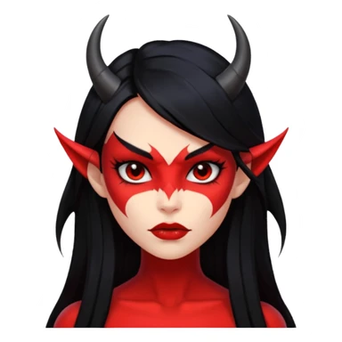 Head only demon girl, strong pronounced cheekbones, sharp angular jawline, skin fully pure red everywhere, long straight sleek black hair, small ho sticker