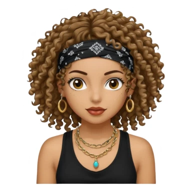 Baddie girl with black  tank top curly hairss and bandana and jwellery sticker