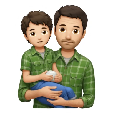A father with messy medium-length dark hair and light stubble, wearing a green flannel shirt. He holds his one child who has short curly brown hair and a cream-colored romper. Cozy warm lighting, authentic family moment. sticker