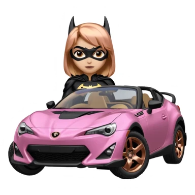 Relaxed adult Batgirl’s full reality crime fighting themed Satin black and rose gold painted Scion FR-S pursuit vehicle hot rod off road capable  sticker