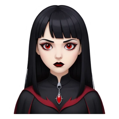 pale woman with black long straight black hair red sleepy eyes with black eyeliner black lipstick vampire teeth straight short bangs serious expression with thin black eyebrows nose piercing black clothe  sticker