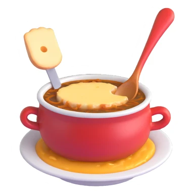 french onion soup with a spoon, cheese stretching sticker