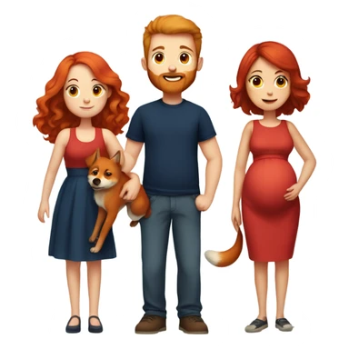 Girl with red hair wearing red dress, holding tummy pregnant, with a boy who is tall, navy shirt with short beard, holding a fox looking dog sticker