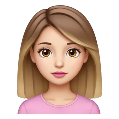 A girl with fair skin, wide brown eyes, medium-length brown hair with blonde highlights, light blush on the cheeks, and pink lipstick, in emoji/cartoon style sticker