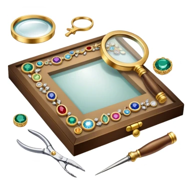 Create an icon that represents the art of jewelry making. The design should include a jeweler's workbench, tools like pliers, a magnifying glass, and various precious materials such as gemstones, gold, and silver. Feature a partially crafted piece of jewelry, like a ring or necklace, showcasing intricate details and craftsmanship. The composition should evoke elegance and precision, reflecting the skill and artistry of jewelry making. The background should be transparent. sticker
