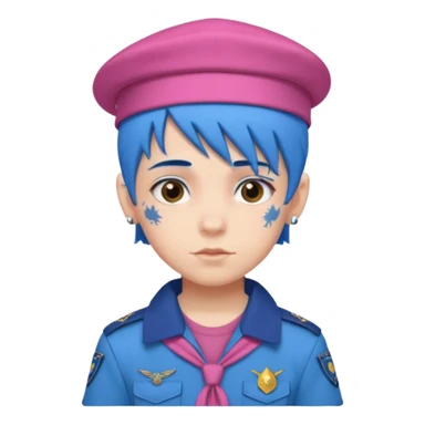 scout boy with very pink scout uniform, blue haired and hat, tattoed sticker