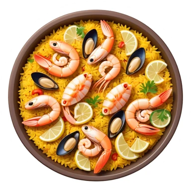 cinematic-realistic-paella-dish-emoji,-depicted-as-a-vibrant,-aromatic-rice-dish-loaded-with-seafood,-chicken,-and-saffron-rendered-with-rich-textures-and-dynamic,-warm-lighting with a lemon slice in the middle sticker