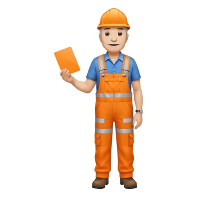 older engineer hi-vis orange overalls standing full body holding a card sticker