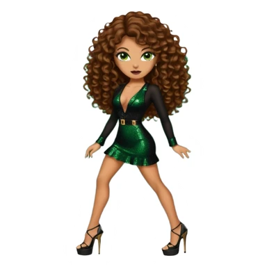green eyes brown long curly hair woman, mafia boss style with 7 inch platform stripper high heels black glitter dress, Los Angeles Spanish style black outfit sticker