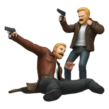 biff wiff santa beard wearing a leather jacket (full body, ios17)strandling a man and holding a pistol pointing it down at the head of a man laying on the ground sticker