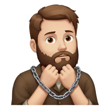 White man with brown hair and beard with anxiety and begging. holding a chain in his hands. profile view sticker