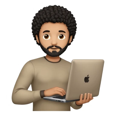 men holding his computer in hands. light brown skin men with curly black hair, dark brown eyes, little grown beard. ust a tiny bit muscular. dressed casual. round face. Dont Apple book  sticker