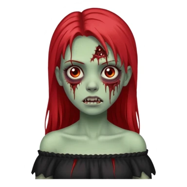 Garota zumbi com cabelo liso longo e mechas vermelhas na lateral da cabeça dos dois lados, usando uma blusa com manga caida preta sticker