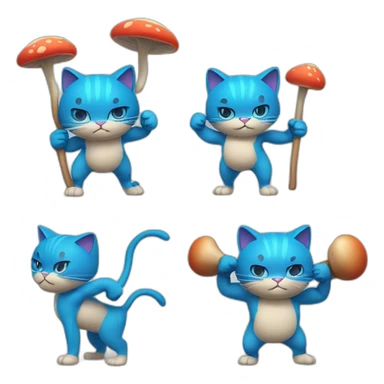 Strong muscles Blue cat NO ears wearing a mushroom cap carrying a stick in one arm standing on two legs with pants sticker