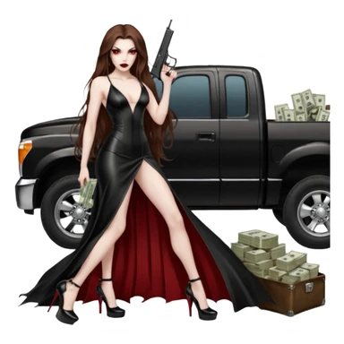 Lilith symbol red eye seductress evil long brown haired sexy succubus woman with leather long dress with slit, sitting in Big Large F350 pickup truck. Black Platform high heels on feet. Back of truck full of stacks of cash, and a man human skull with a gun in other hand sticker