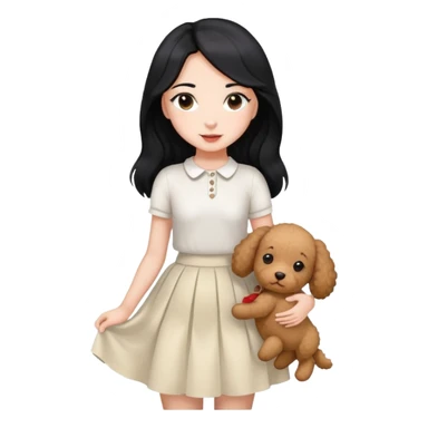 A beautiful girl with long straight black hair wearing a white skirt holding a small brown curly teddy dog sticker