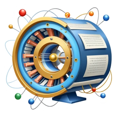 An icon featuring a physics textbook, a large Hadron Collider with particles flying off, symbolizing the study of physics. The design includes atomic models, energy waves, and scientific formulas, representing fundamental physical principles and research. Transparent background. sticker