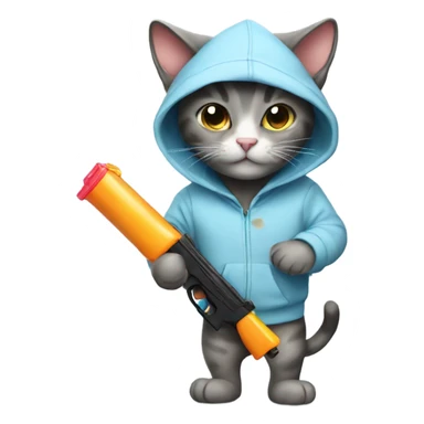 Cat wearing a hoodie with a water gun sticker