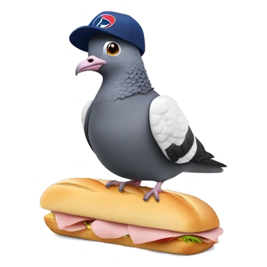 Pigeon with a PSG football club hat lying on a ham and butter baguette sandwich sticker