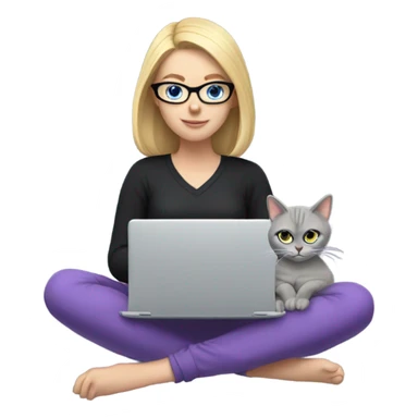 Blonde girl with blue eyes, wearing black glasses and a purple long-sleeve shirt, sitting with a computer and a grey cat. sticker