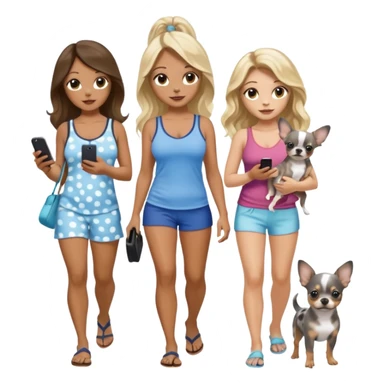 Three pretty women in beach clothes walking 2 dogs, blue and gray spotted Merle Frenchie and walking a black and tan chihuahua puppy, holding iPhone, hazel eyed light skin with dark blonde long hair and light light skin hazel eyed long wavy brown hair, blue eyed light skin long blonde hair  sticker