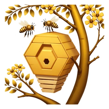 A small hive nestled between tree branches with worker bees. sticker
