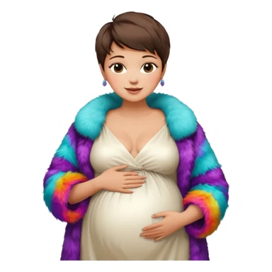 pregnant stylish woman with short pixie brunette hair happily touching her big belly while wearing white gown and fancy fur coat and colorful shades sticker