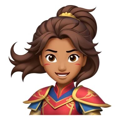 Cinematic Playful Mulan Portrait Emoji, Mid-laugh with a strand of hair falling over her face, adjusting her armor, eyes full of adventure, exuding an irresistible mix of beauty and fun, the perfect blend of warrior and princess! sticker