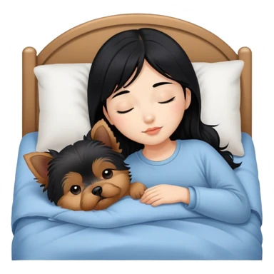pretty asian girl with black hair sleeping in bed with small yorkshire terrier sticker