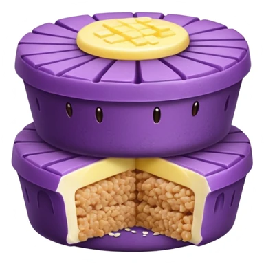 Create an emoji-style illustration of puto bumbong. Purple steamed rice cakes stacked together, topped with butter, grated coconut, and brown sugar. Cute, clean, iOS-style emoji look sticker