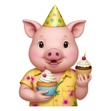 Pig with  yellow aloha shirt, birthday hat, holding a cupcake sticker