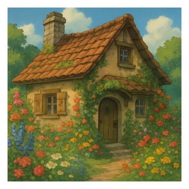 ghibli style cozy cottage with flowers sticker