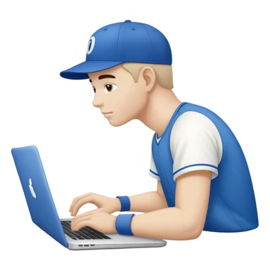 men with a blue white colored baseball cap seen from the side working on a laptop. Baseball cap says "On it" sticker