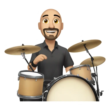 draw a bald mexican drummer with  goatee beard, widely smiling and enthusiastically playing drums during a live stream. The logo "JAVI IDA" should be visible in the background. sticker
