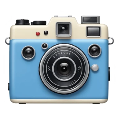 A hand-drawn doodle in a minimalist, cartoon style of a [vintage camera]. The object is white with thick, rough, black marker outlines and two small black dot eyes. It is a simple sketch with no realistic textures, centered on a solid [blue] circular background." sticker