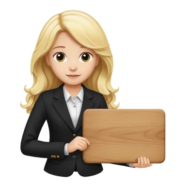 Blonde long wavy hair girl with black office blazer holding a wooden board with a sign 10/10 sticker