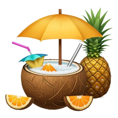 A tropical cocktail served in a coconut shell with a mini umbrella and pineapple.
 sticker