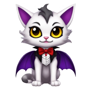 Cute-Evil-Vampiric-Batty-Cat-Black-Purple-Red-Yellow-Contrast-Colors-Fantasy-Fur-Sona-Chibi-Shiny-Fakémon-Hybrid with horns and big fangs neck bow white tie leg spats full body sticker
