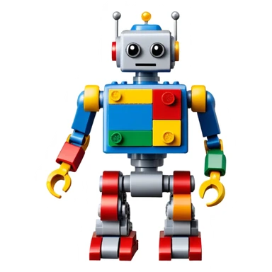 A big photorealistic icon featuring a detailed robot figure built from LEGO bricks, with intricate parts and colorful pieces. The design includes the LEGO logo subtly visible, with a focus on the craftsmanship and creativity of the build. Transparent background. sticker