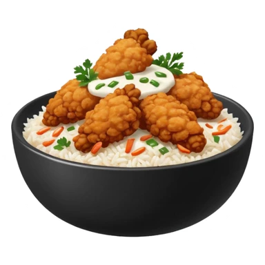 iOS-style food emoji, flat design: round bowl with white rice base, topped with crispy fried chicken pieces, fried onion bits, sweet-and-sour sauce and white sauce zigzag drizzles, finished with parsley flakes, clean shapes, transparent background. sticker