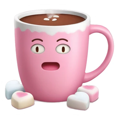 Pink mug filled with hot chocolate topped with heart shaped marshmellows sticker
