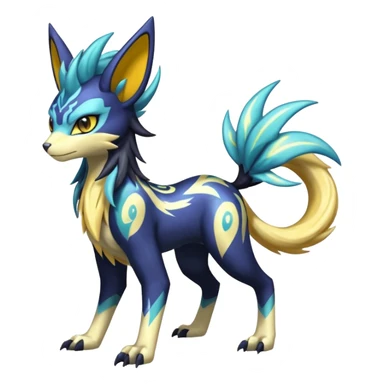 Shiny colorful exotic Feral Scaly Striking Slaying Badass Evil Handsome Lightning-patterned Zig-zagged buzzy fuzzy Meloetta-Renamon-Luxray-Cobalion-Suicune-Vernid-fusion-hybrid-creature, full body  sticker