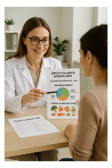 a nutritionist sits at a desk with a client, showing a personalized meal plan and a chart that clearly displays the client’s specific daily caloric deficit. The nutritionist points to the chart, which includes recommended calories, macronutrient breakdown, and healthy food options. The mood is professional, supportive, and educational. scritte in italiano sticker