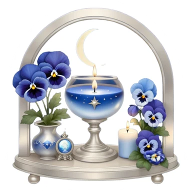 An enchanting night scene where deep blue and light blue pansies gently sway under the soft light of a silver crescent moon. A round, pearl-colored candle sits at the center of a sacred astrological altar, surrounded by silver-trimmed star charts and delicate planetary symbols glowing faintly in the twilight. Nearby, a beautifully crafted crystal sphere rests atop an ancient book of celestial wisdom, reflecting the constellations above. The sky is alive with swirling nebulae and zodiac glyphs, forming intricate cosmic patterns. A faint silver doorway, outlined by threads of lunar energy, shimmers in the background, hinting at hidden knowledge beyond the stars. sticker