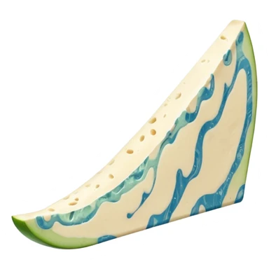 thick wedge of gorgonzola, creamy off-white with blue-green marbling, moist and slightly oozing at edges, natural beige rind, soft texture, bold tangy look, apple emoji style, soft lighting, subtle shadows, transparent background, emoji scale sticker