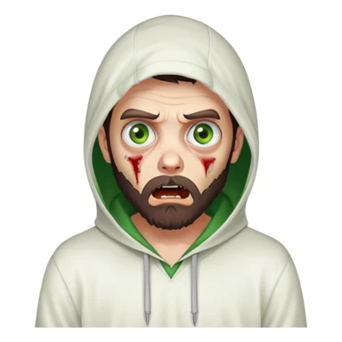 zombie with shocked expression, undercut hairstyle with dark brown hair, short full beard, heterochromia with one green eye and one brown eye, wearing plain white hoodie with hood up sticker